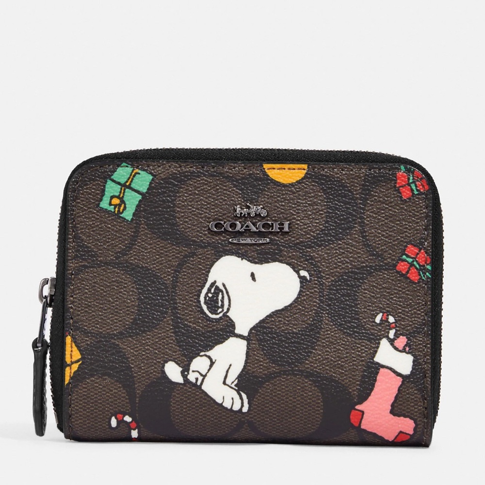 Coach X Peanuts Small Zip Around Wallet In Signature Canvas With Snoopy